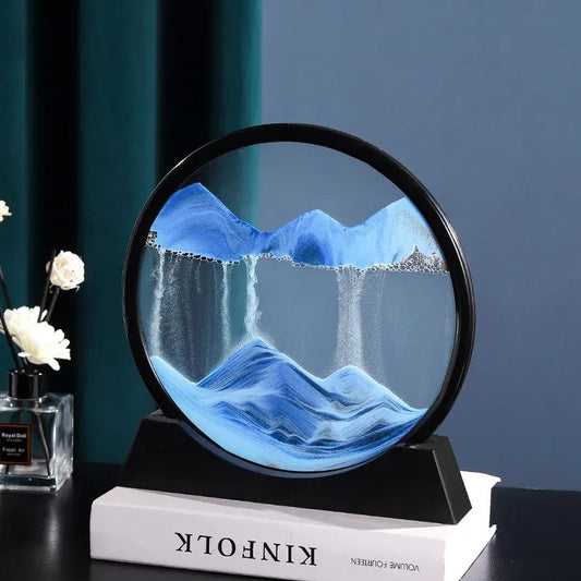 Moving Sand Art Picture, 3D Quicksand Painting Decor Relaxing Dynamic Round Decorative ABS Frame 360 Degree Rotatable for Home Desk